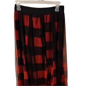 TABA‎ Black Red Plaid Tulle Maxi Skirt Elastic Waist Long Casual Party